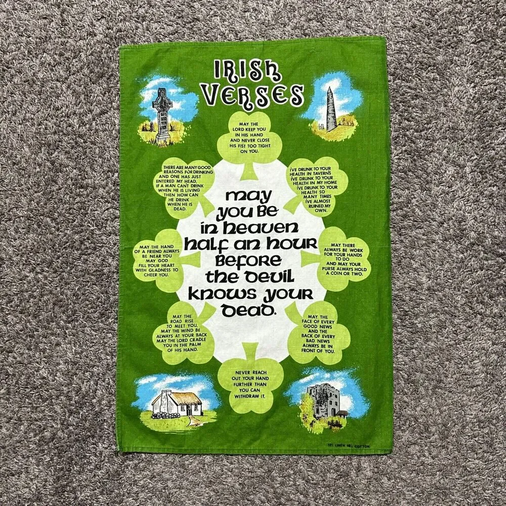 Vintage Irish Linen Wall Banner Decoration 70s 80s Green Cotton Blend 18x27 in